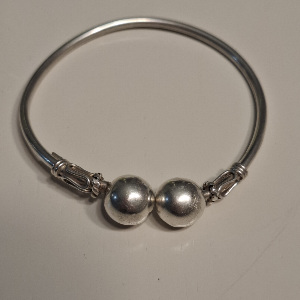 🩶950 Sterling Silver Bypass Bangle Cuff Bracelet - Ball Ends Torque Design